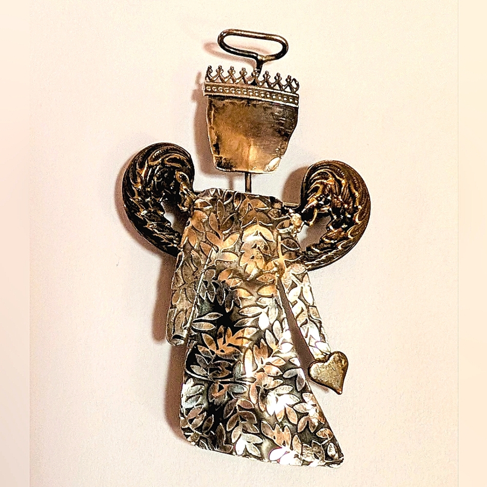 Vintage Erica Sunken Handmade Sterling Silver Copper Accents Angel Brooch Pin